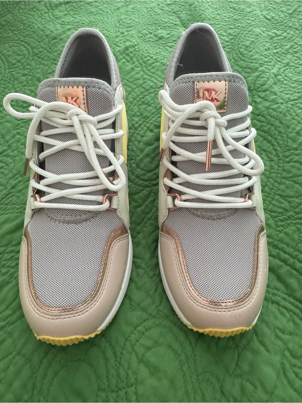 Michael Kors Women's Gray Mesh & Beige Leather Sneakers with Yellow Accents